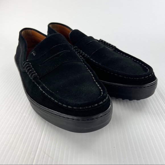 Tods Black Suede Vibram Driving Penny Loafers Shoes - Picture 2 of 7